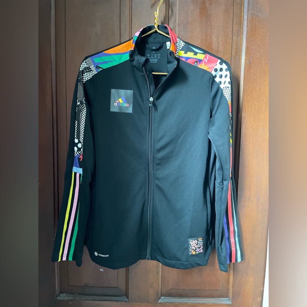 Adidas Men's Black Jacket with Multicolor Sleeves